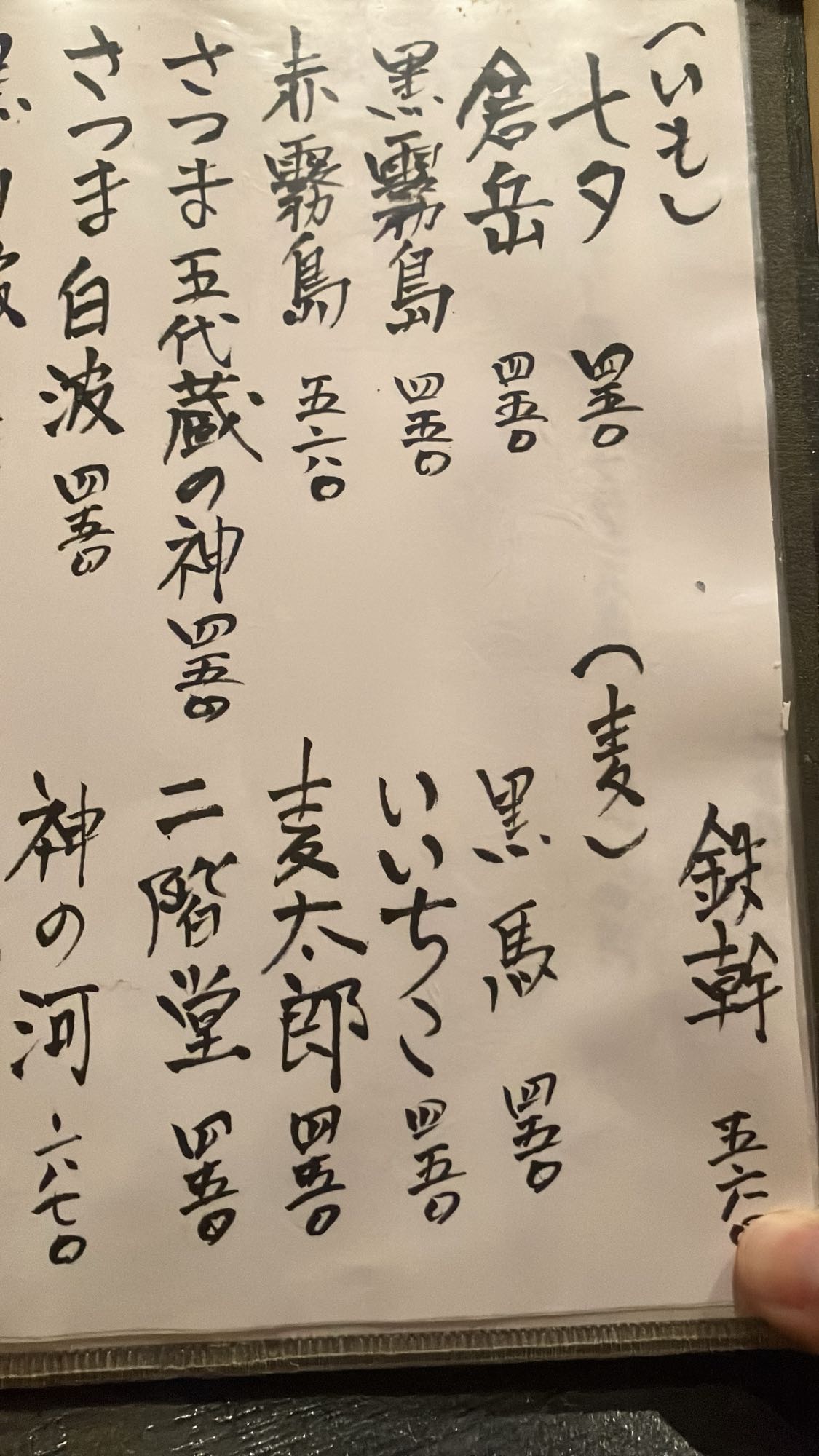 馬耳東風の焼酎のメニュー