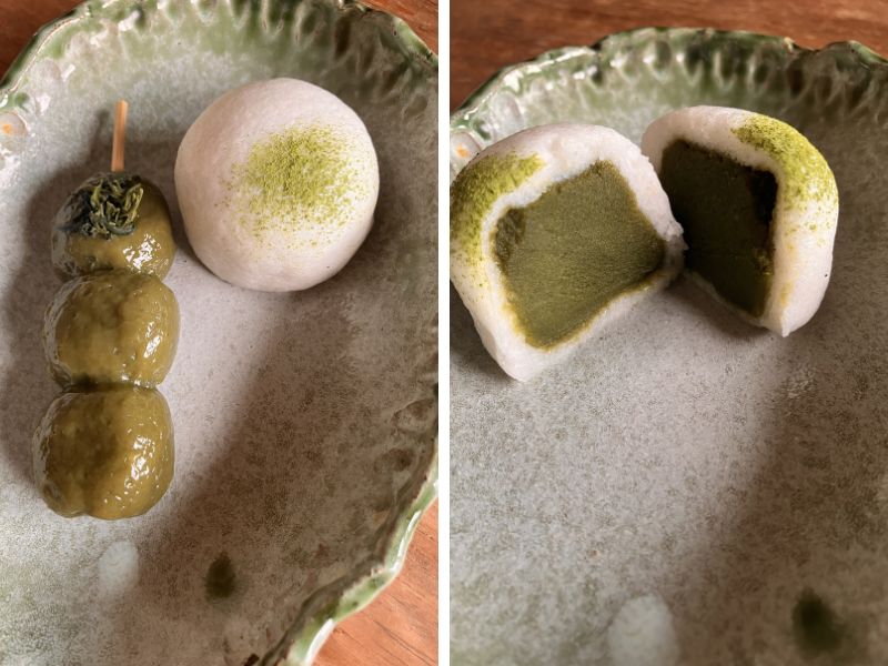 まるに抱き柏の茶団子と抹茶餡の大福