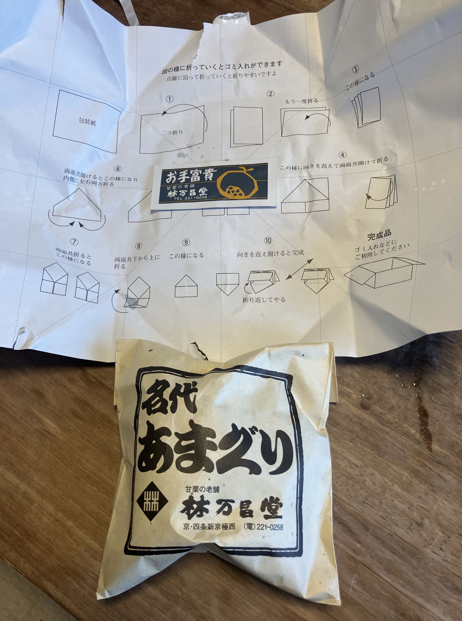 林万昌堂の包装紙に印刷されたゴミ入れの折り方