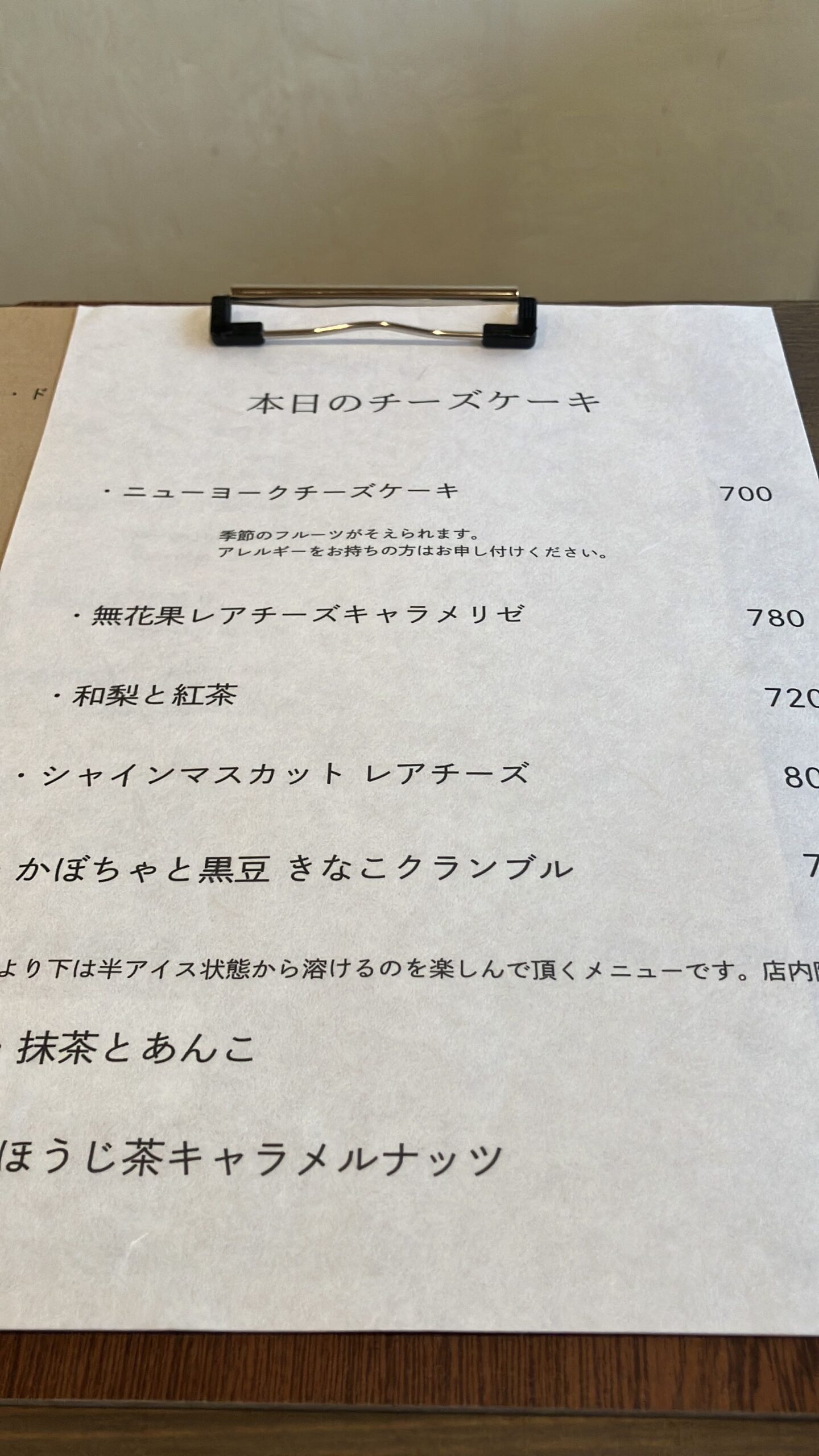 ちーずきっちんの本日のチーズケーキのメニュー